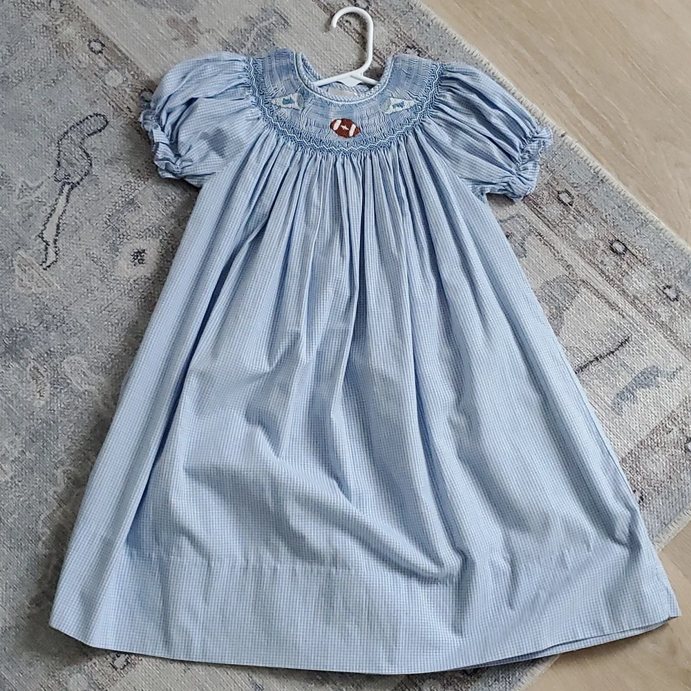 Rosalina Smocked Embroidered Blue Gingham Football Bishop Dress Sz4T